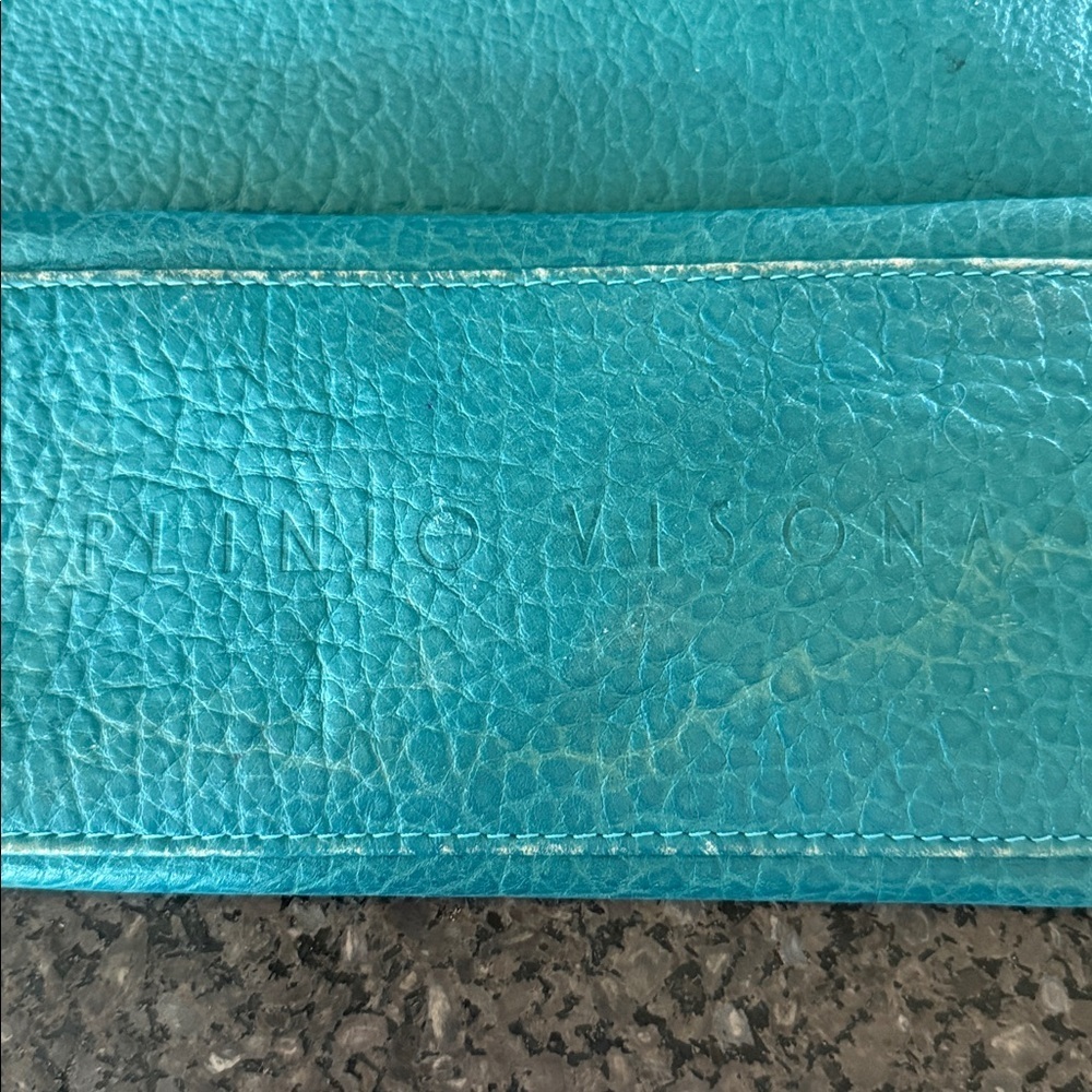 Plinio Visona Made In Italy Teal Pebbled Leather Tote With Bamboo Handles - Picture 5 of 8